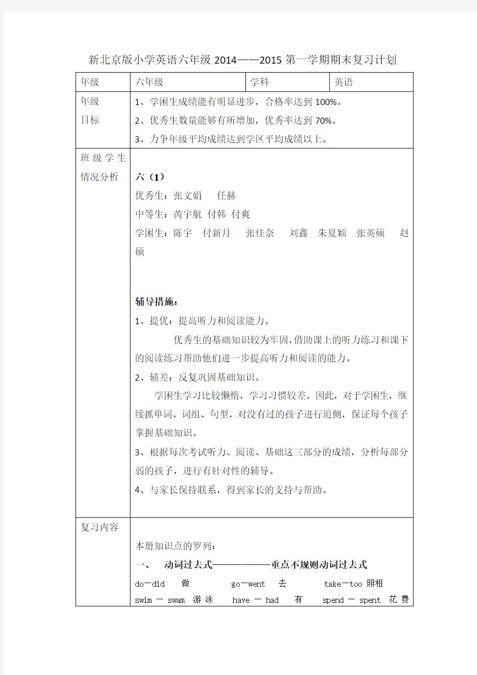 新北京版小学英语六年级上期末复习计划