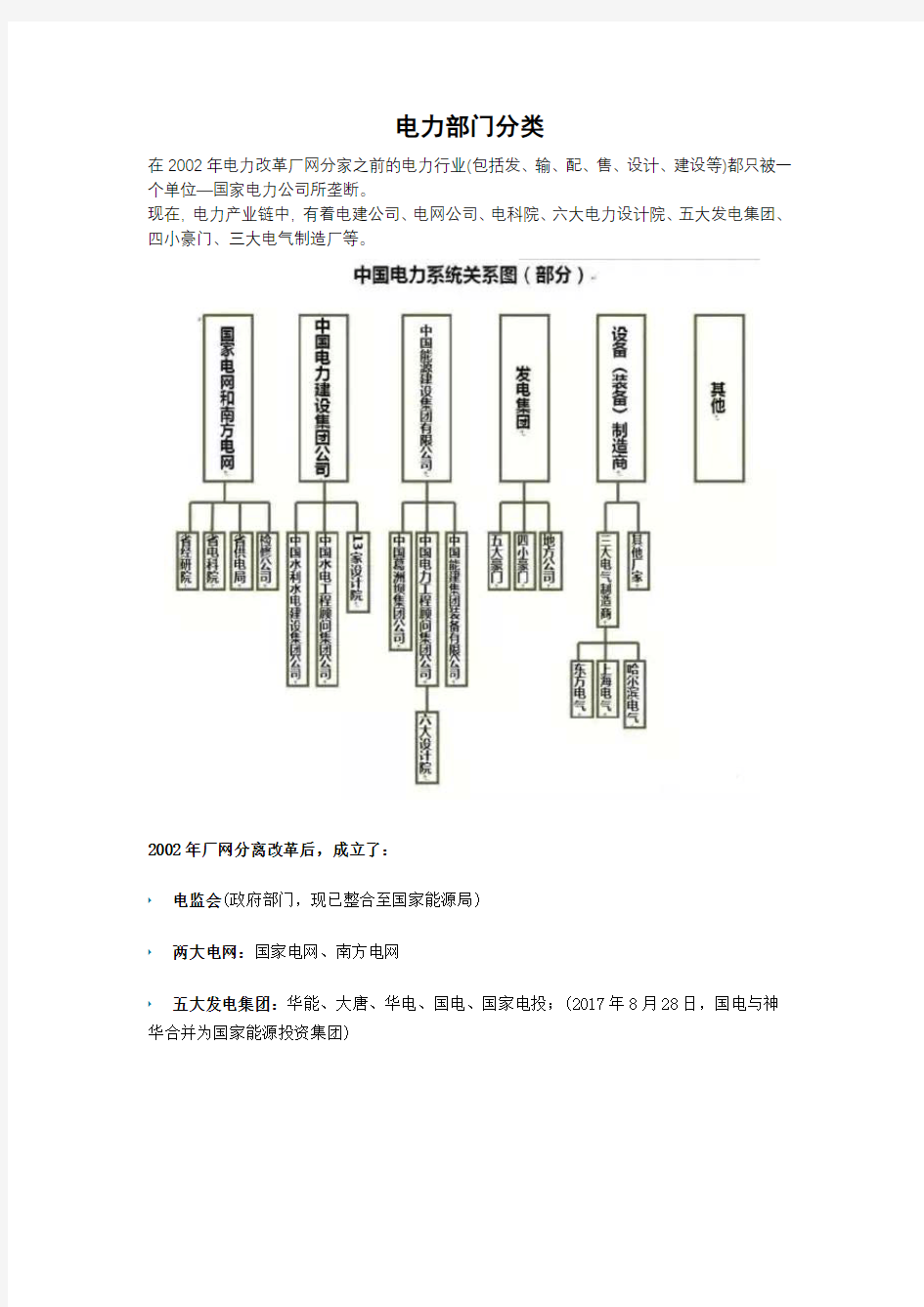 电力部门分类