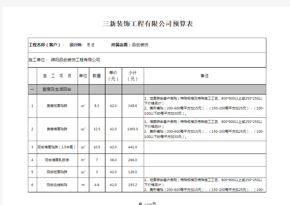 室内设计预算表格