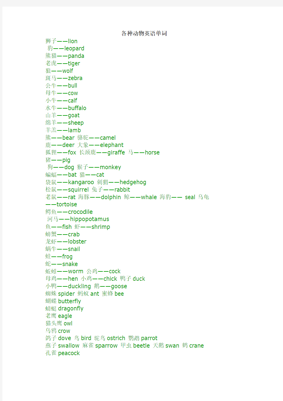 各种动物英语单词  Animal English