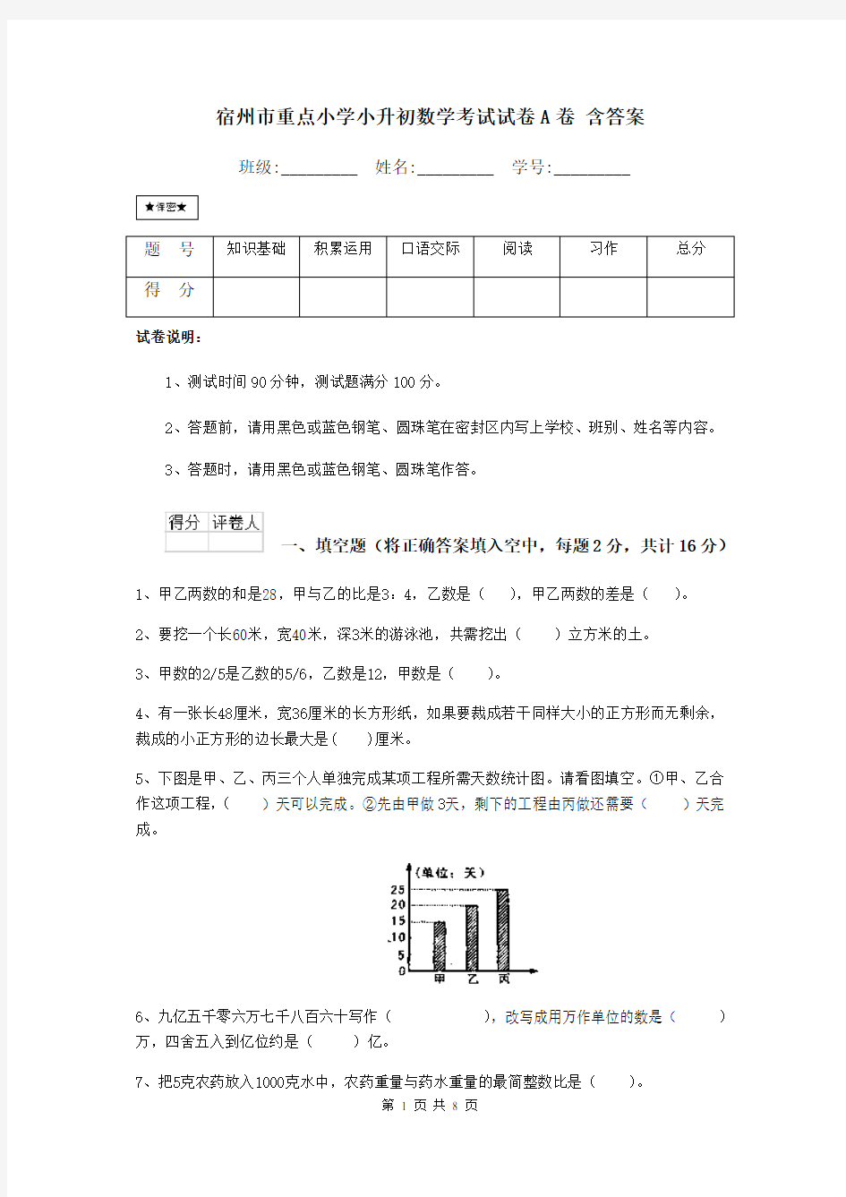 宿州市重点小学小升初数学考试试卷A卷 含答案