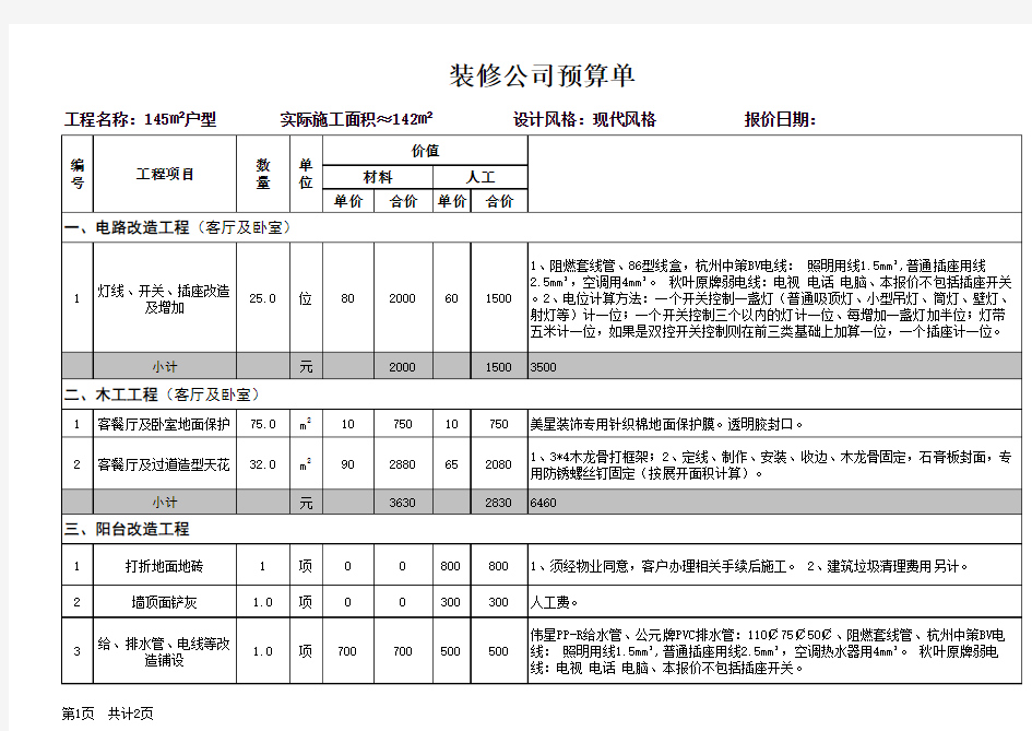 装修公司预算单