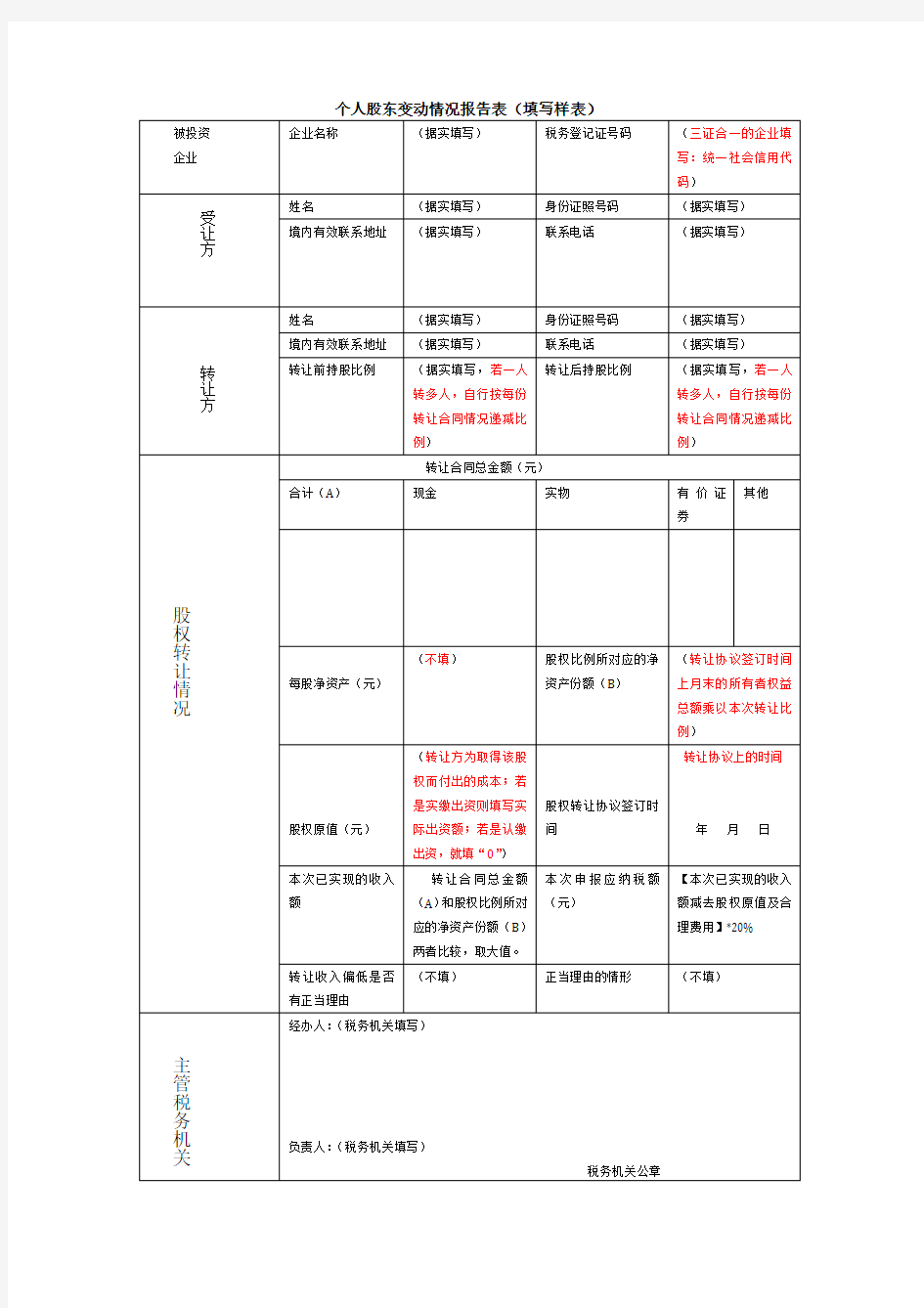 个人股东变动情况报告表(样表)