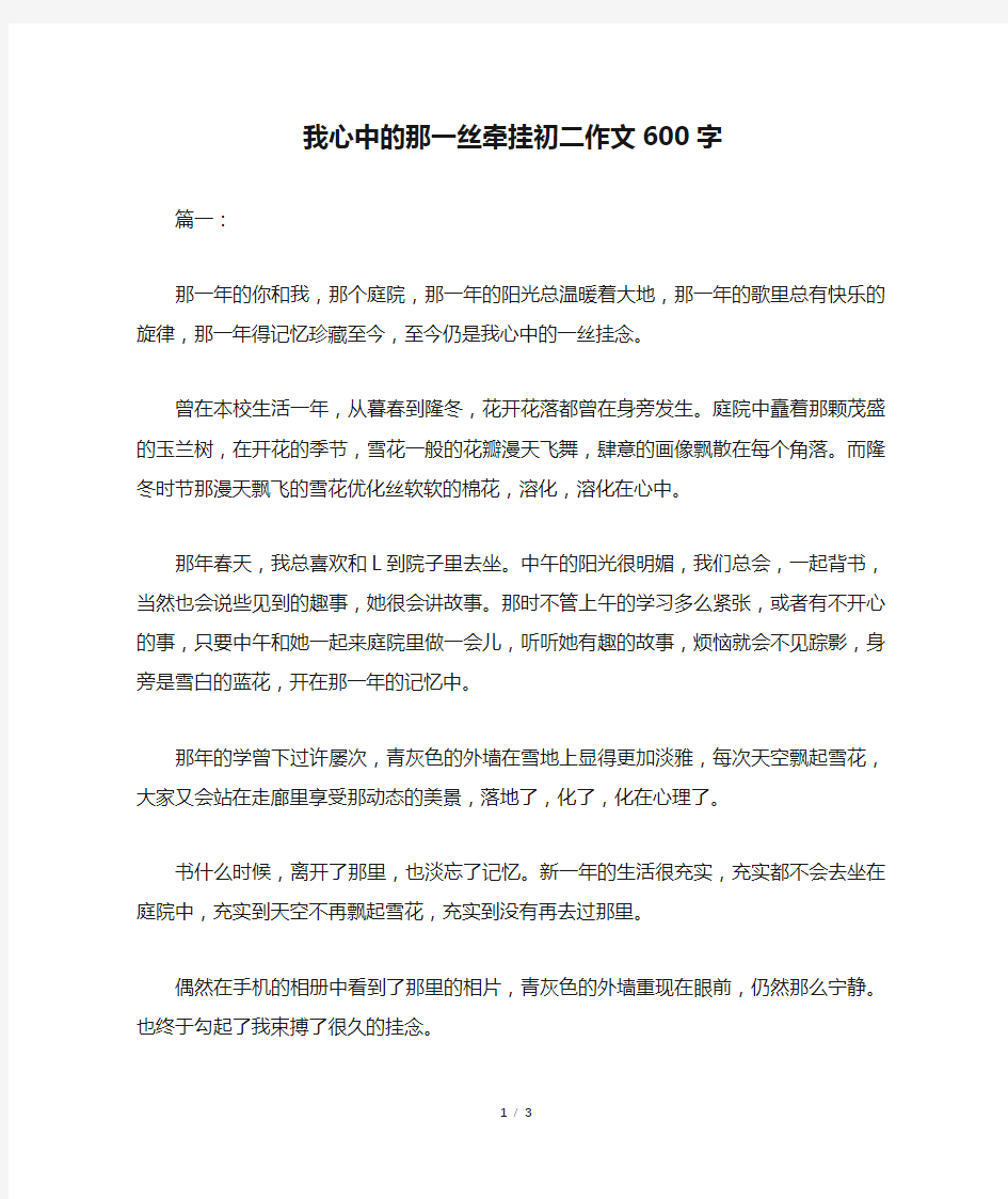 我心中的那一丝牵挂初二作文600字