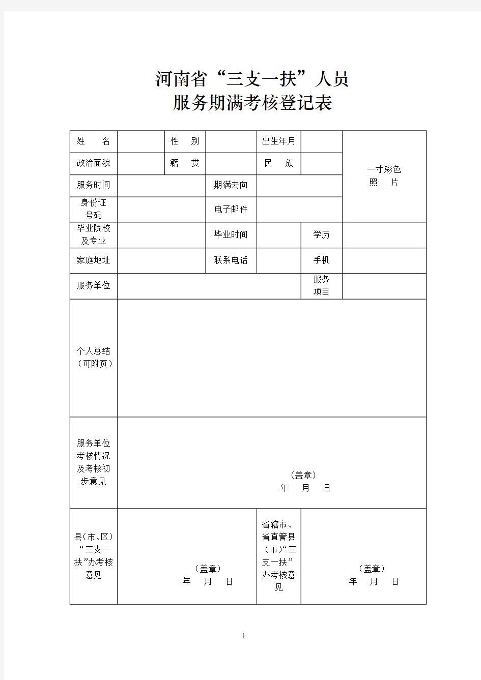 三支一扶期满考核登记表