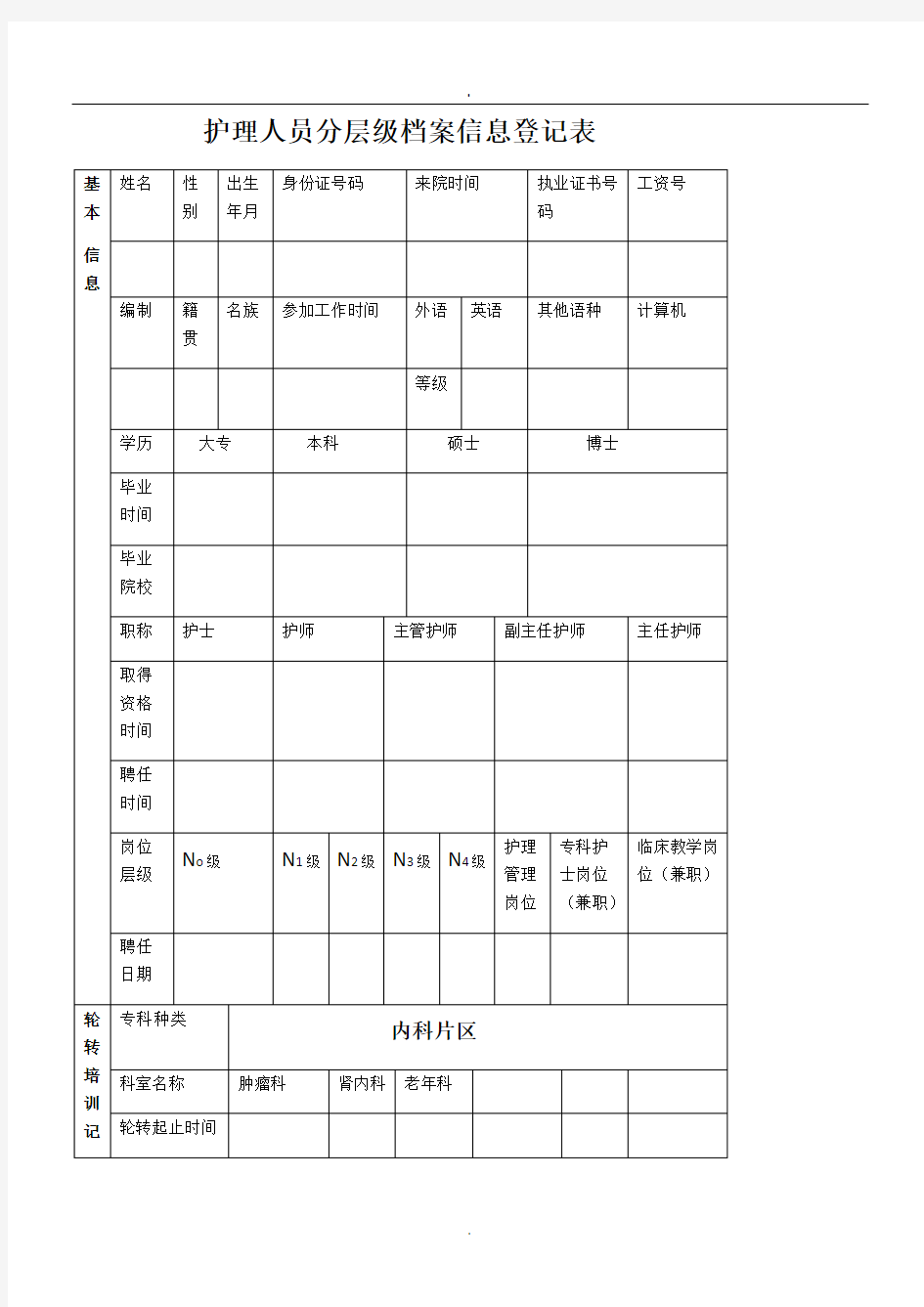 2019护理人员分层级档案信息登记表