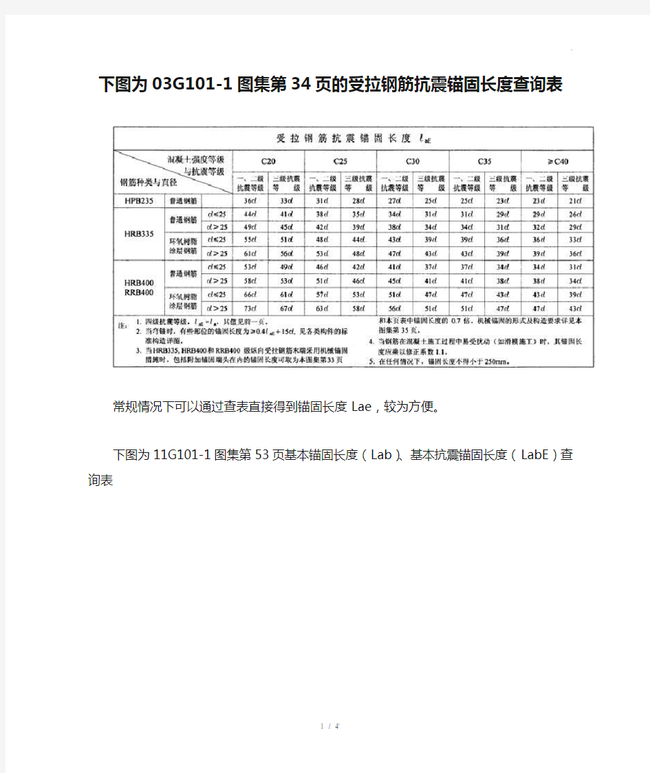 下图为03G101-1图集第34页的受拉钢筋抗震锚固长度查询表