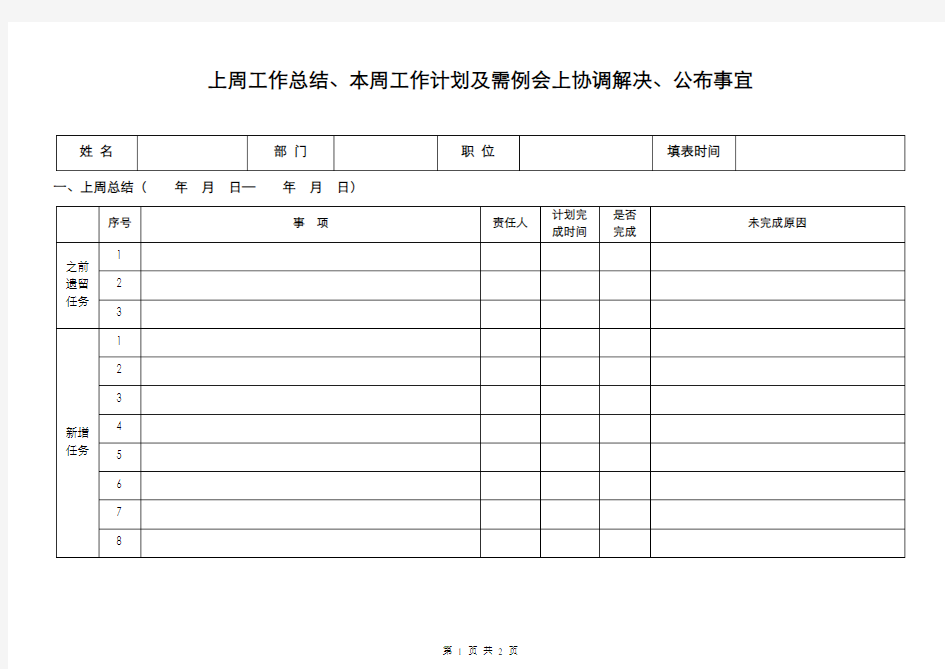 周工作总结及工作计划表格