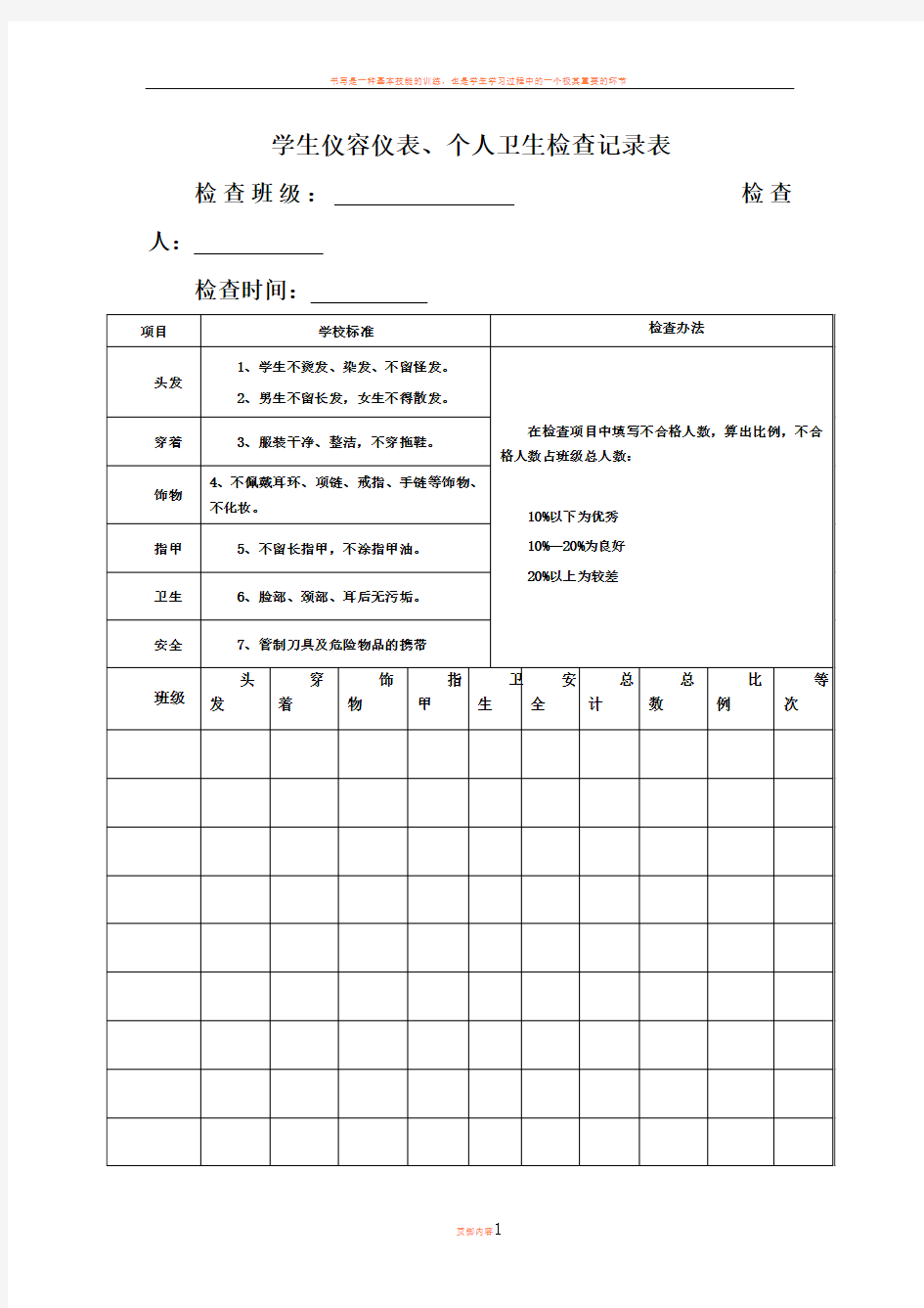 学生仪容仪表、个人卫生检查记录表