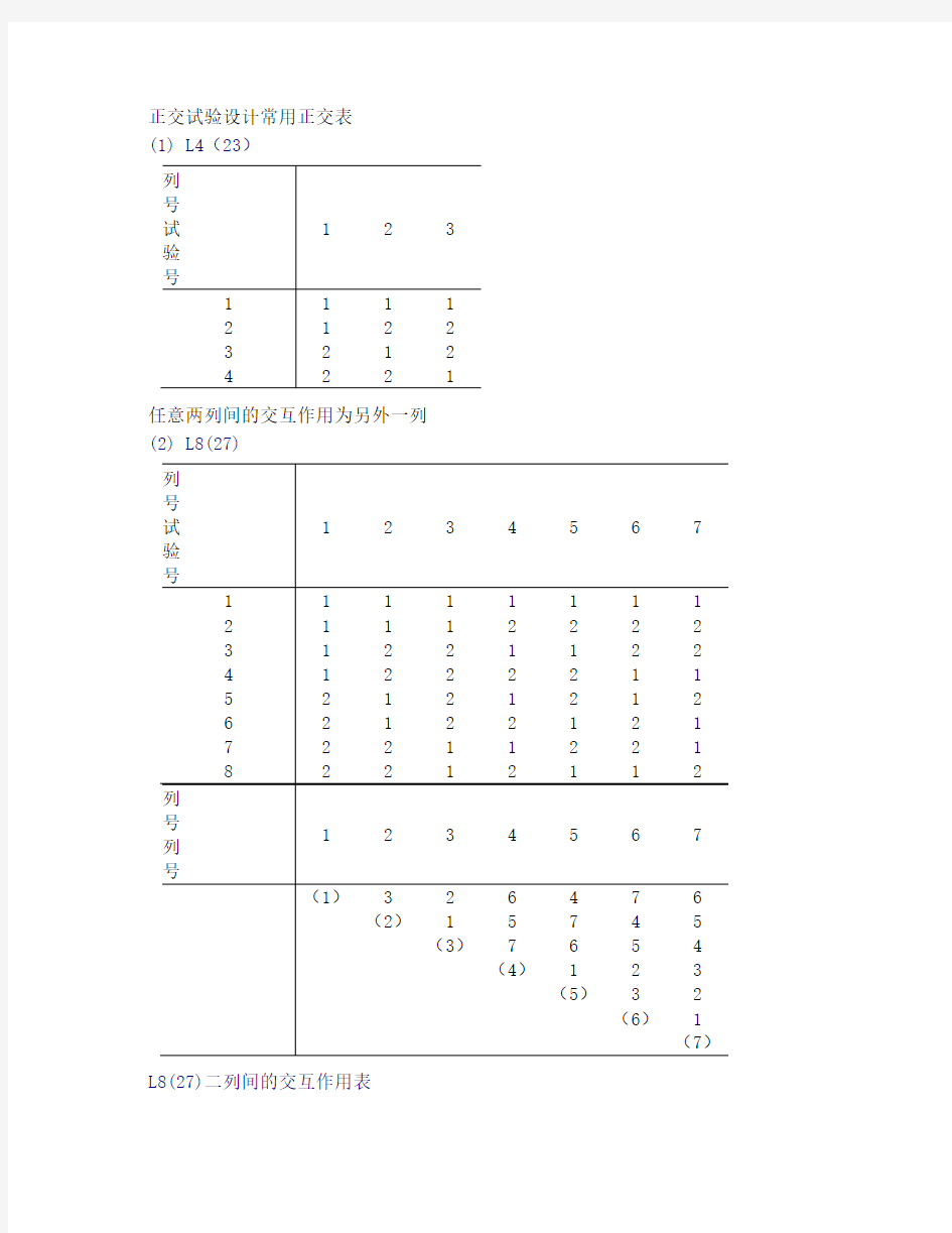 正交试验设计常用正交表