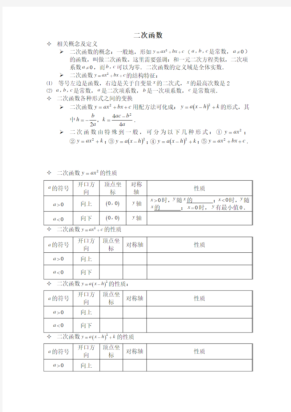 人教版九年级数学下二次函数最全的中考二次函数知识点总结