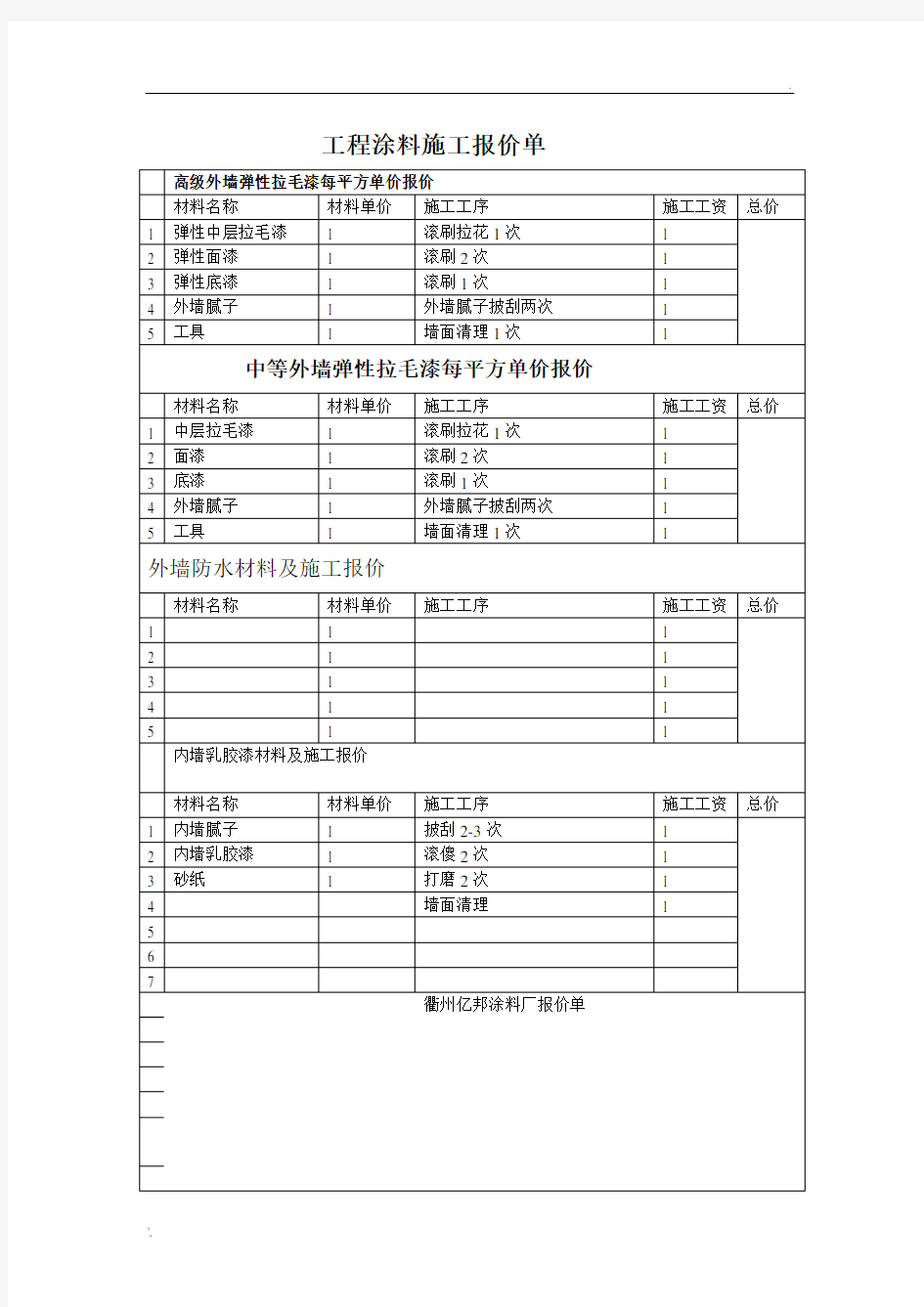 工程涂料施工报价单