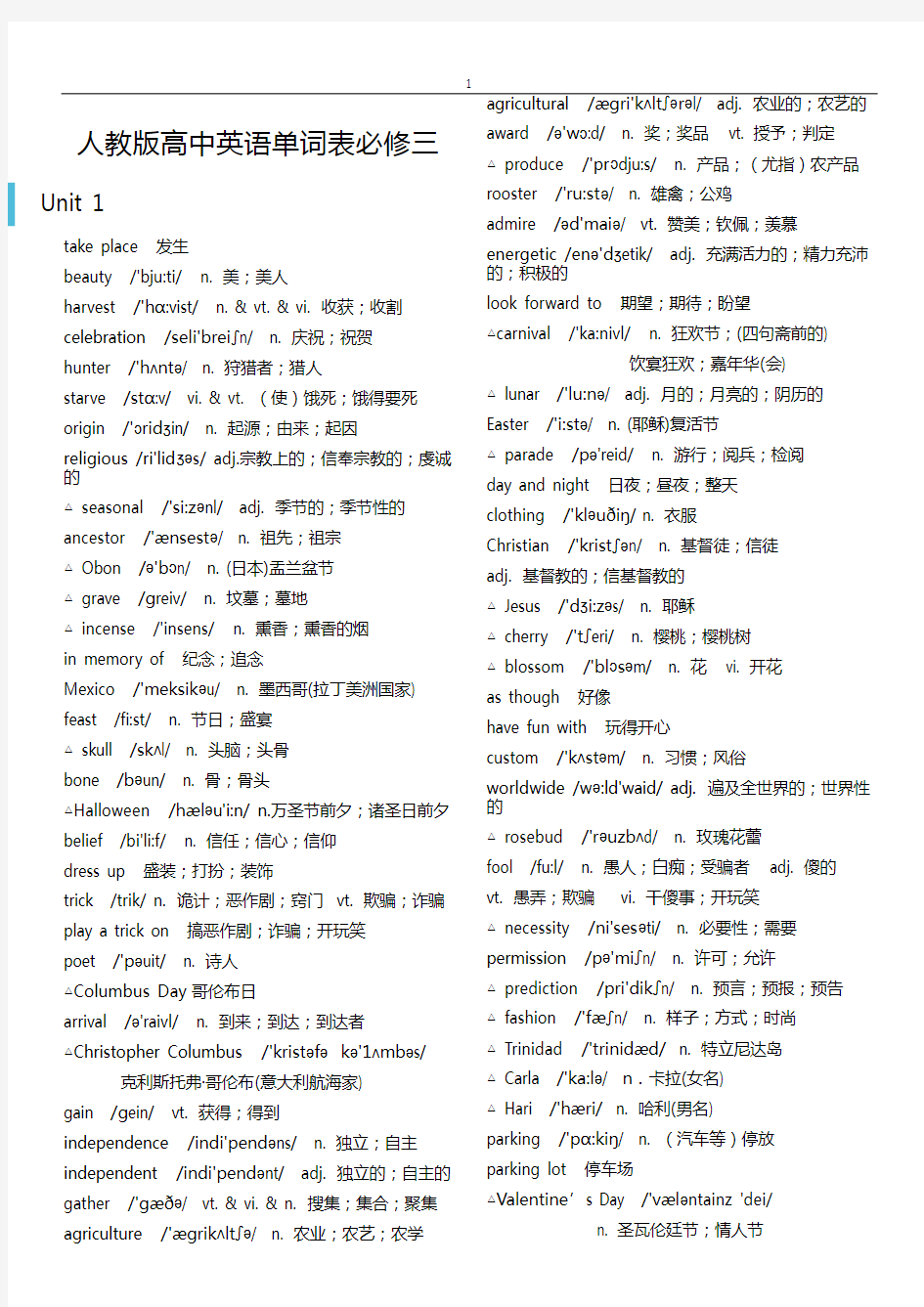 (完整版)人教版高中英语单词表必修三-带音标