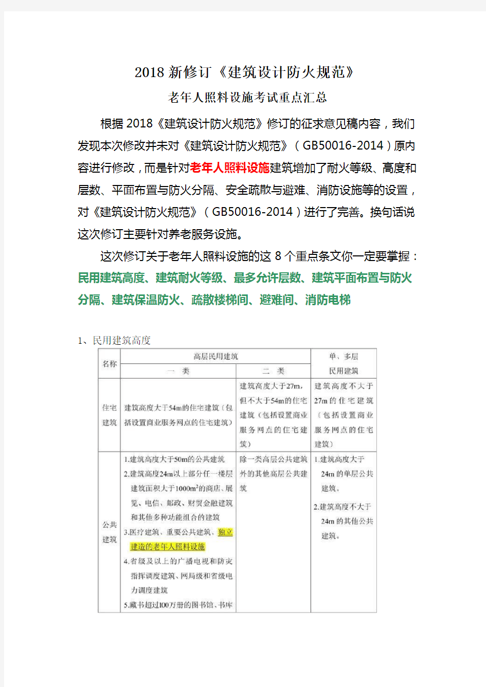 2018新修订《建筑设计防火规范》老年人照料设施考试重点汇总