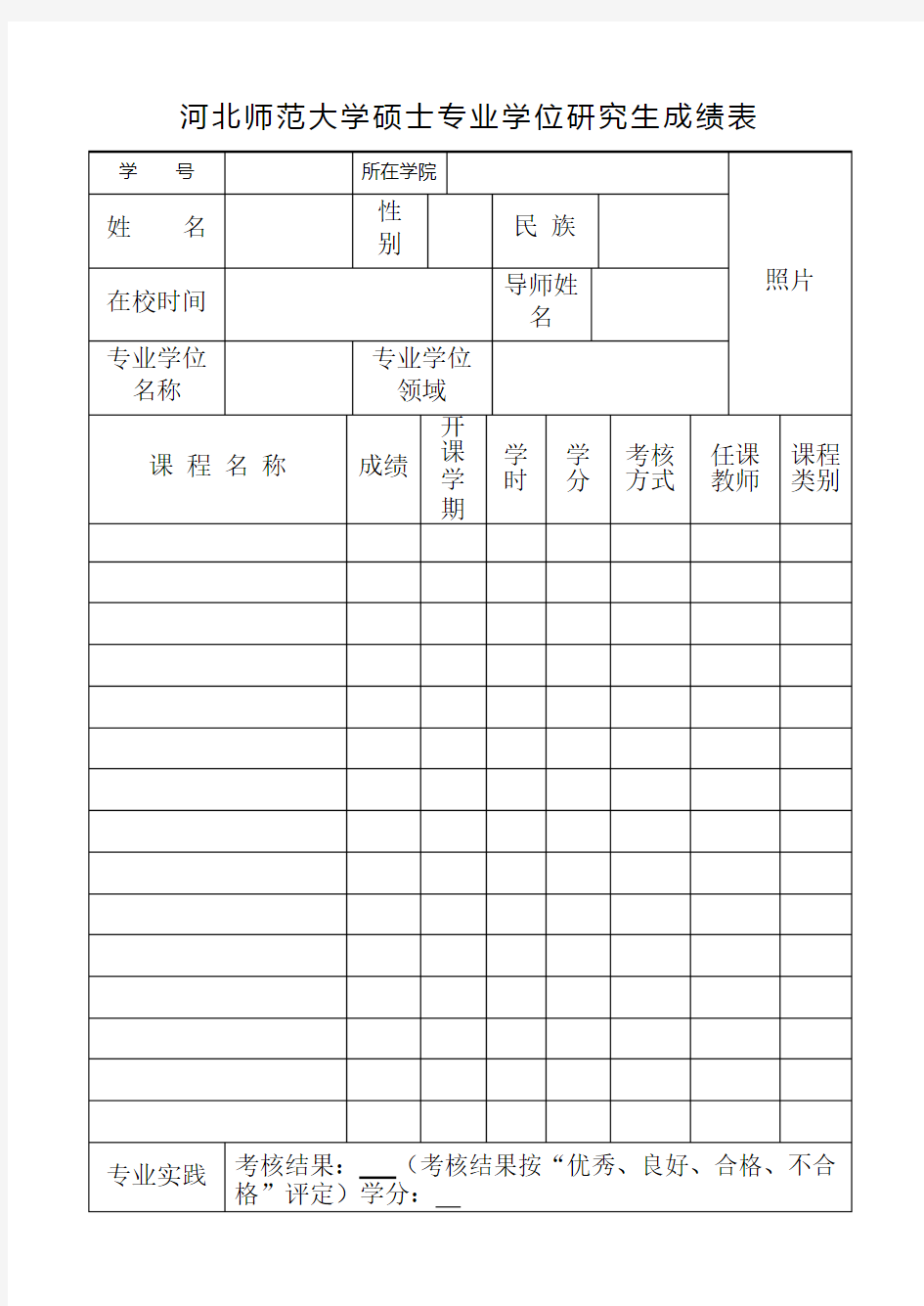 河北师范大学硕士专业学位研究生成绩表