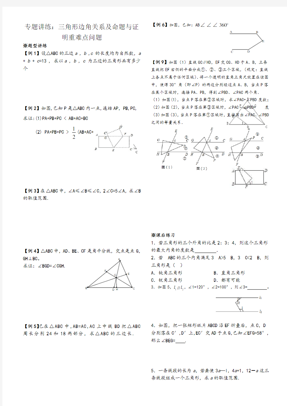 专题讲练：三角形边角关系及命题与证明重难点问题(含同步练习)