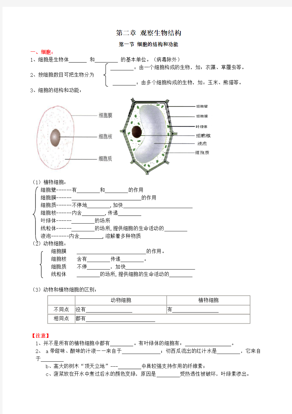 第二章 观察生物结构复习知识点学生版及老师版