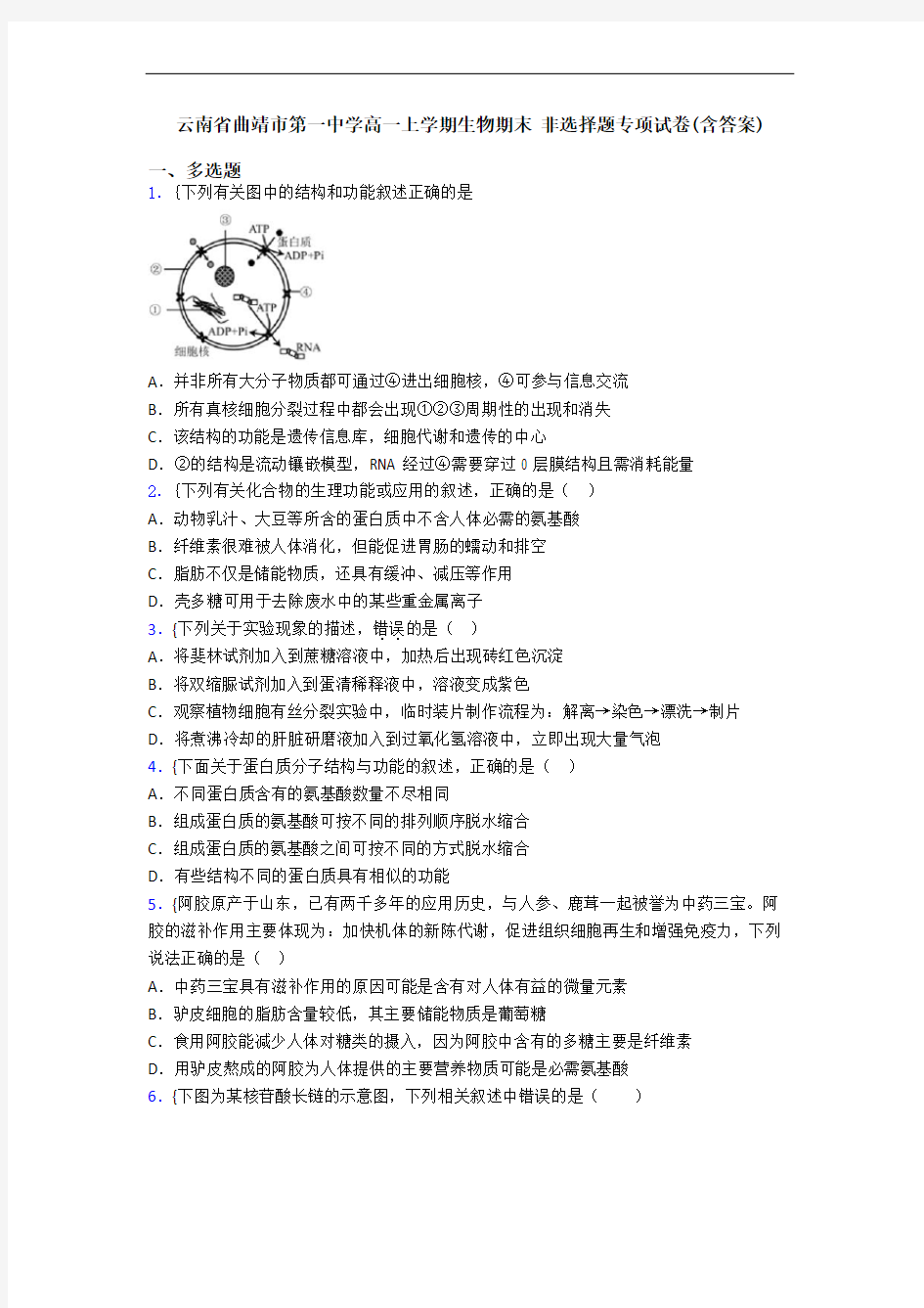 云南省曲靖市第一中学高一上学期生物期末 非选择题专项试卷(含答案)