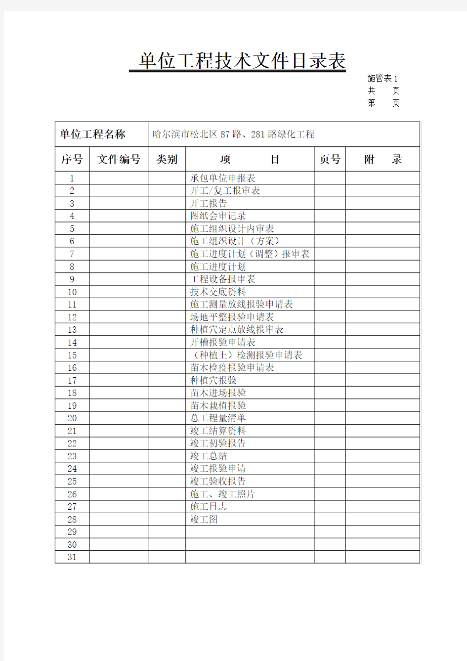 园林绿化资料表格范例