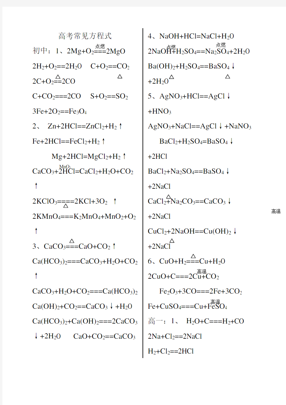 高考常见化学方程式汇总