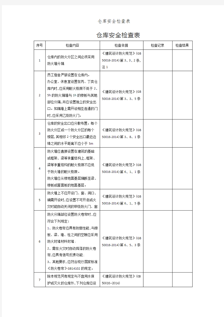 仓库安全检查表