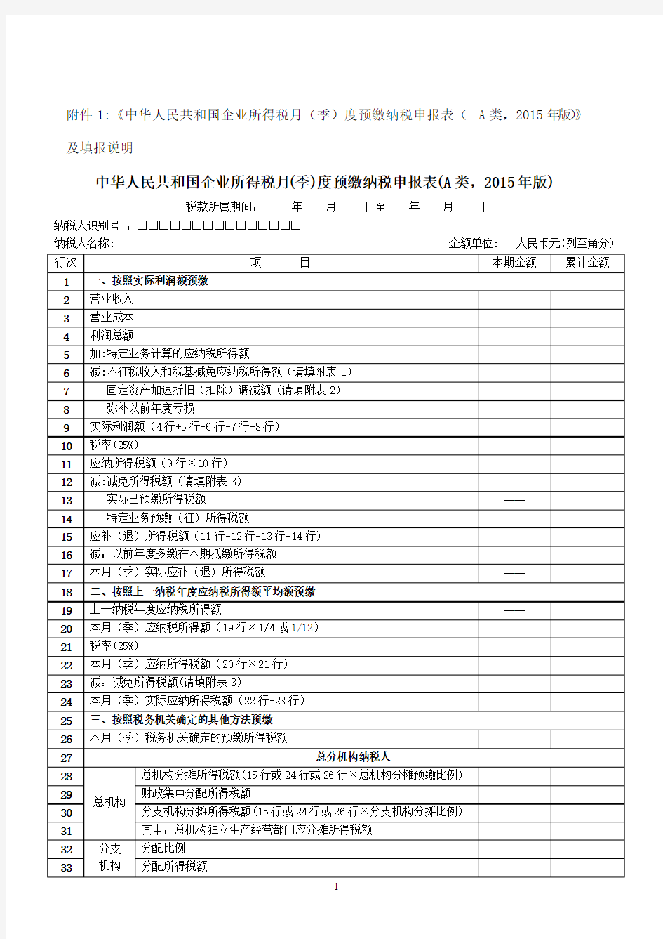 企业所得税季度申报表A类及填表说明