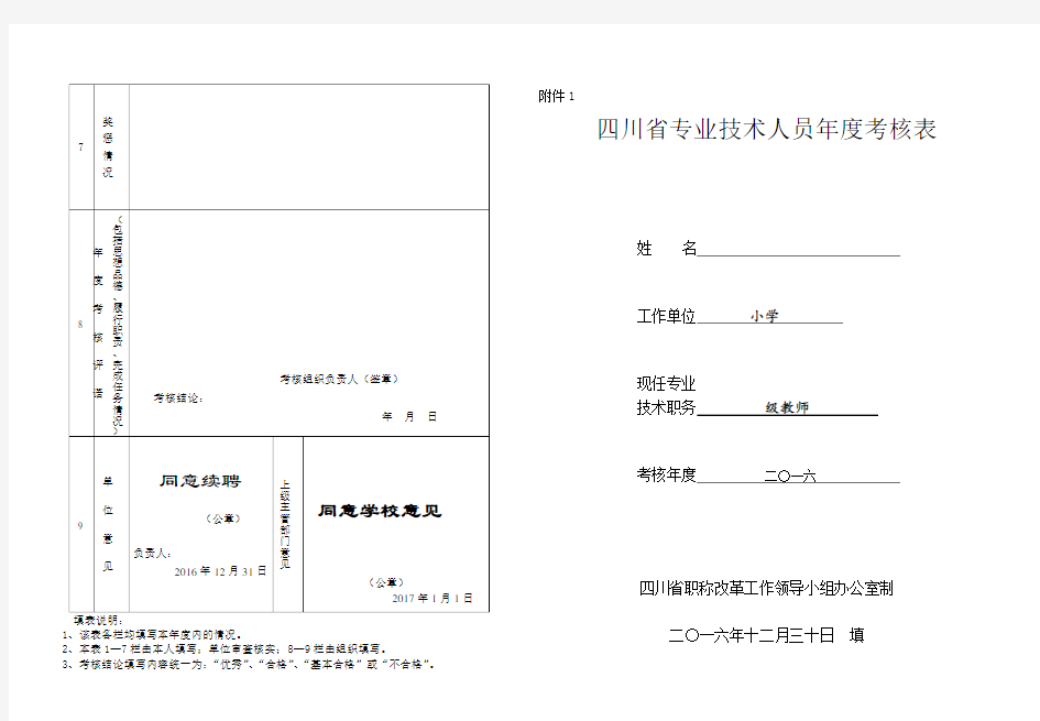 四川省专业技术人员年度考核表(姓名：)