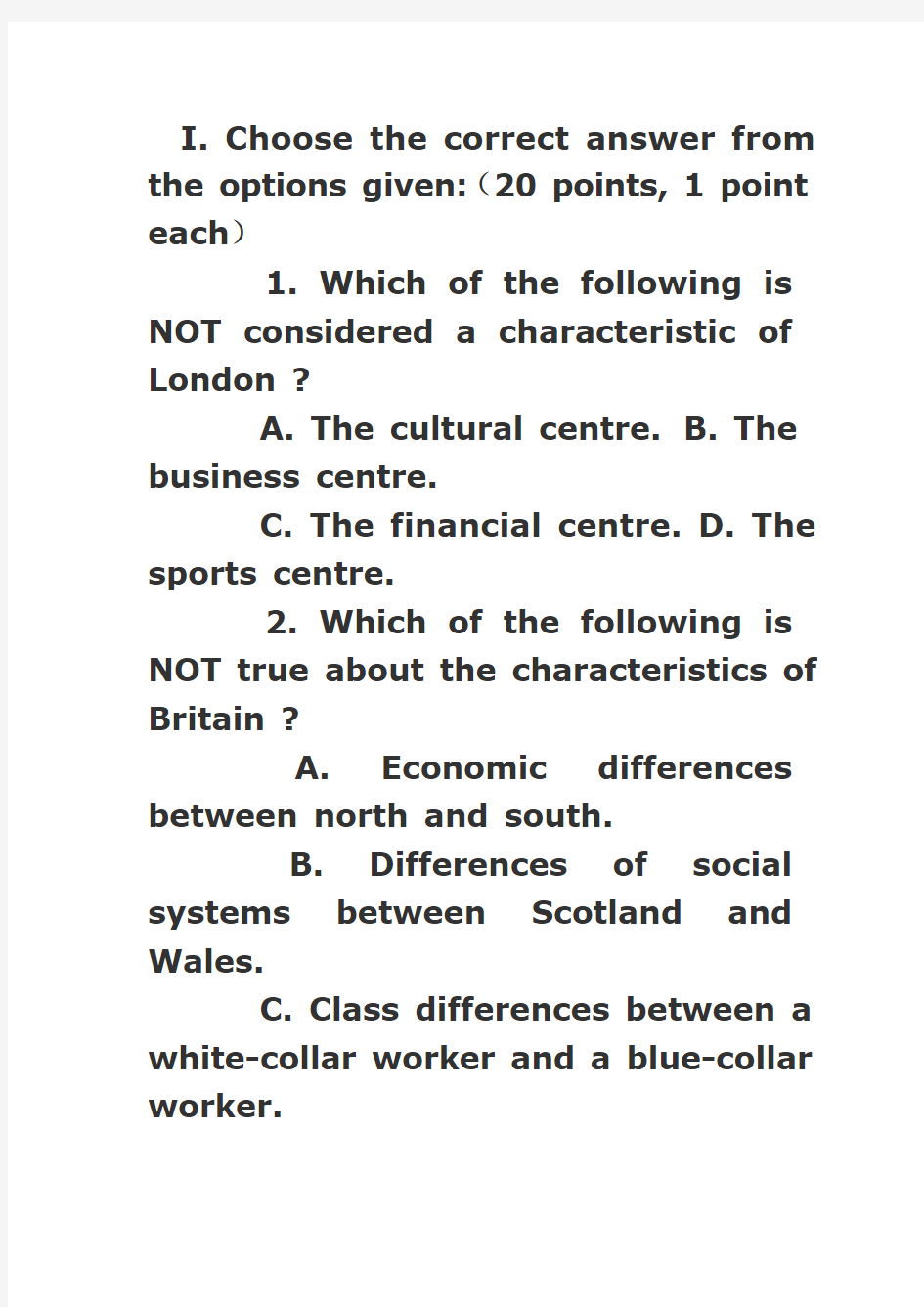 《英语国家概况》试卷1及答案