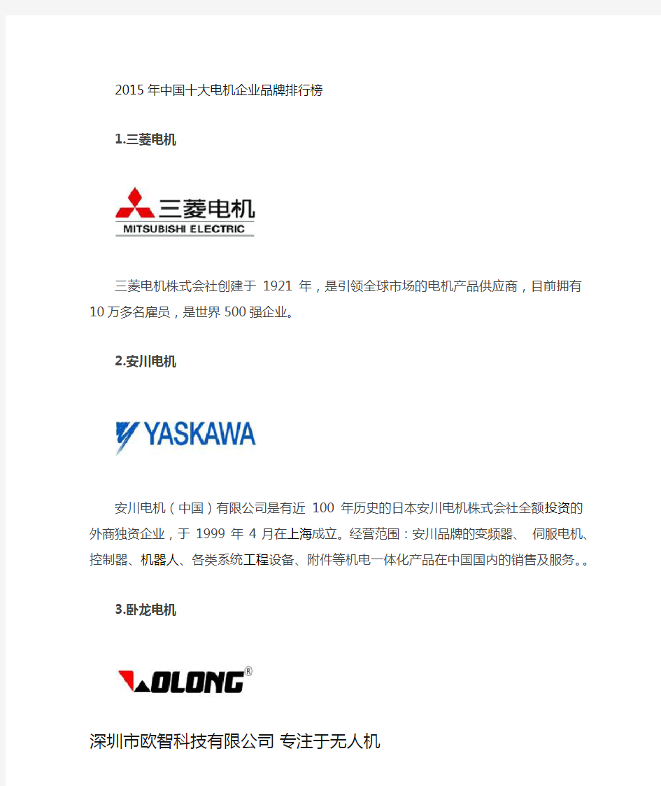2015年中国十大电机品牌排行
