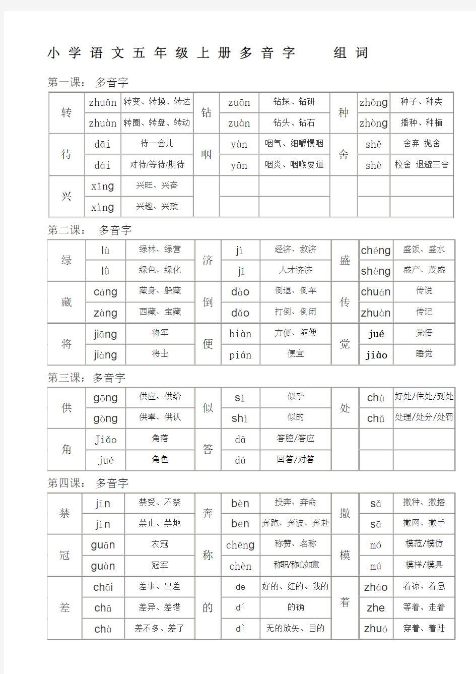 五年级上册语文 多音字组词