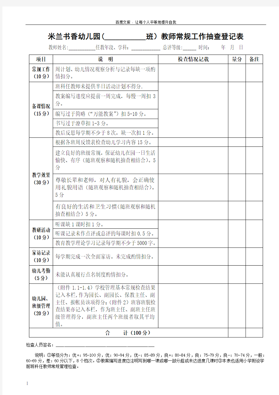 幼儿园常规工作检查表