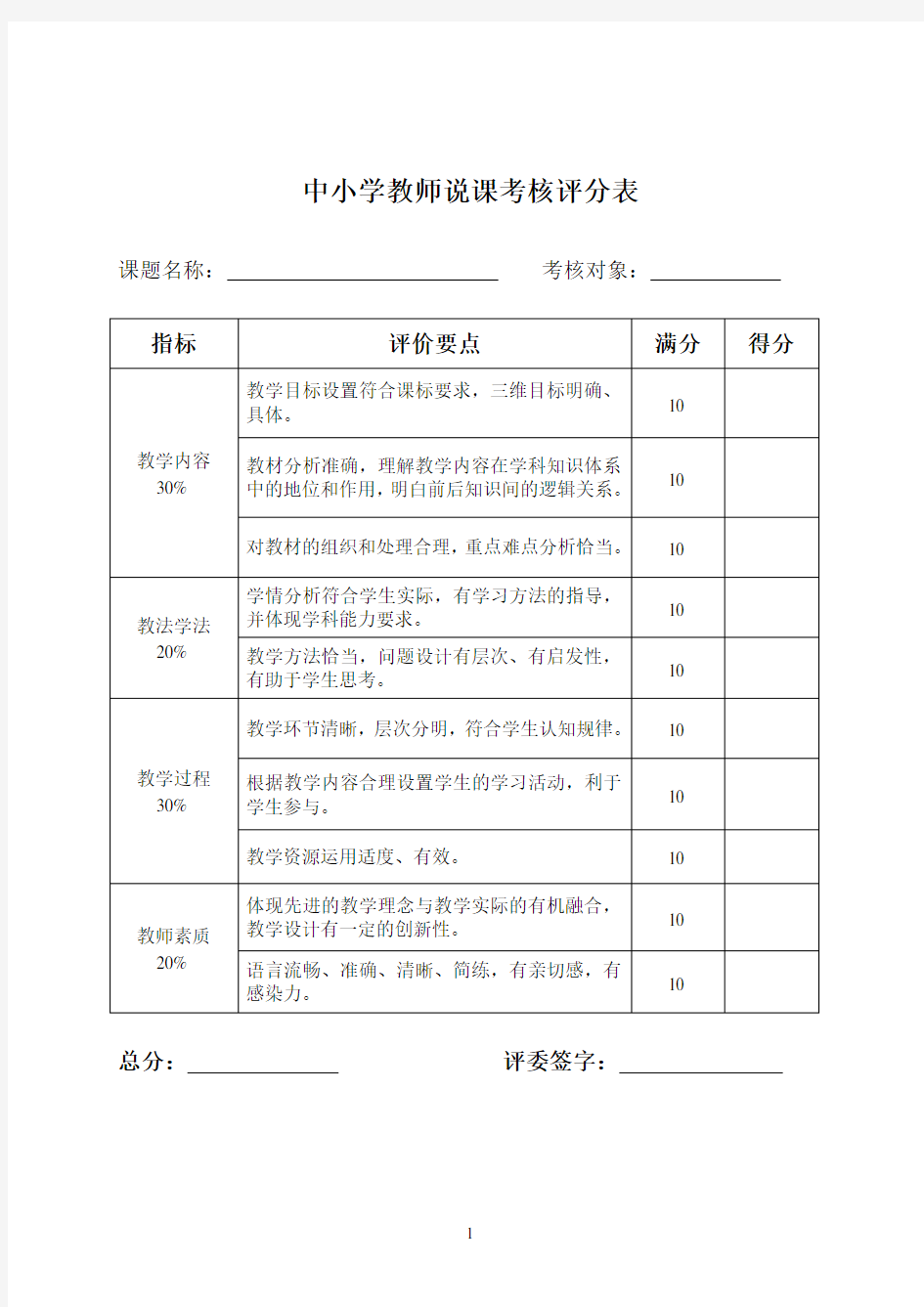 中小学教师说课考核评分表