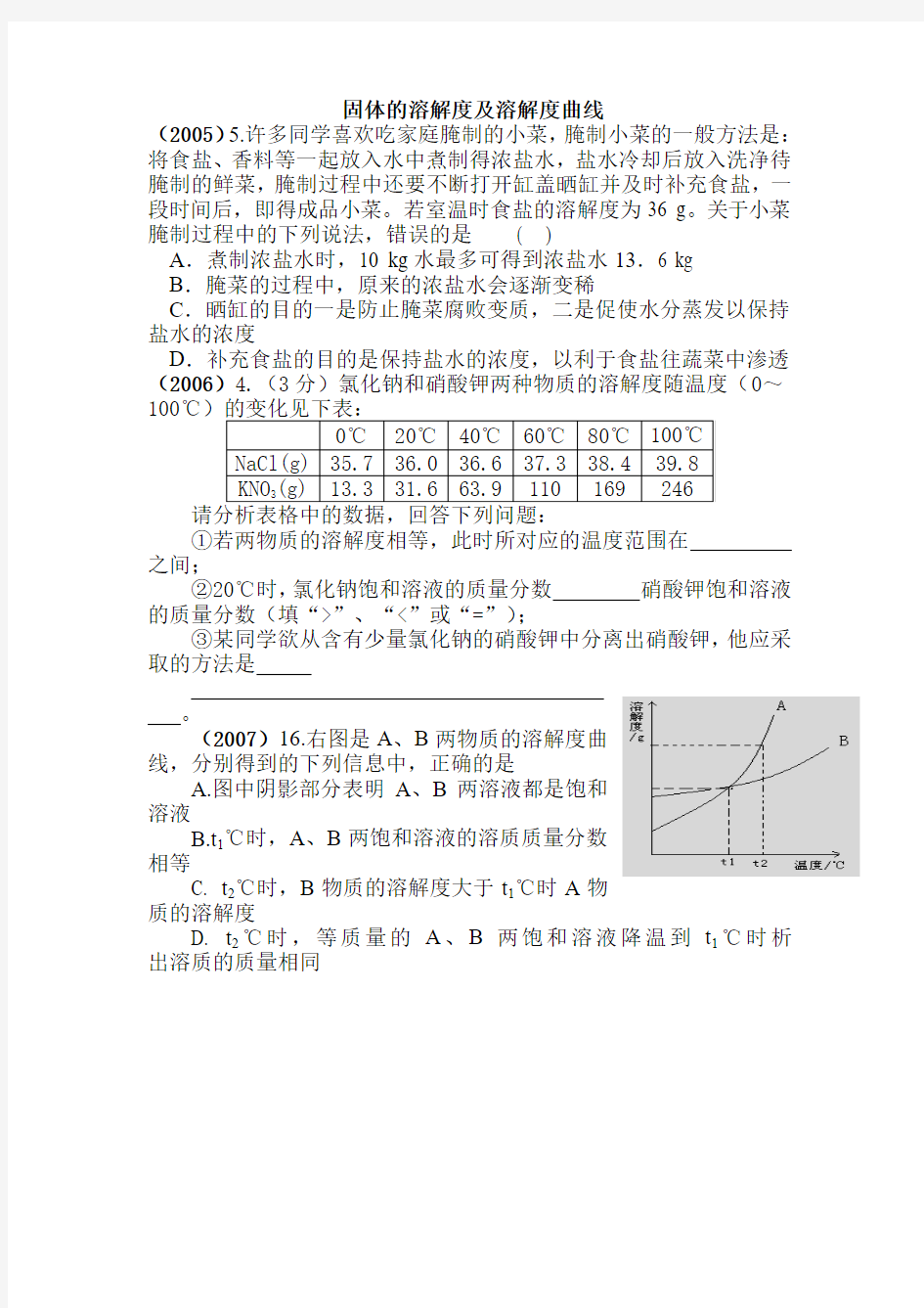 固体的溶解度及溶解度曲线