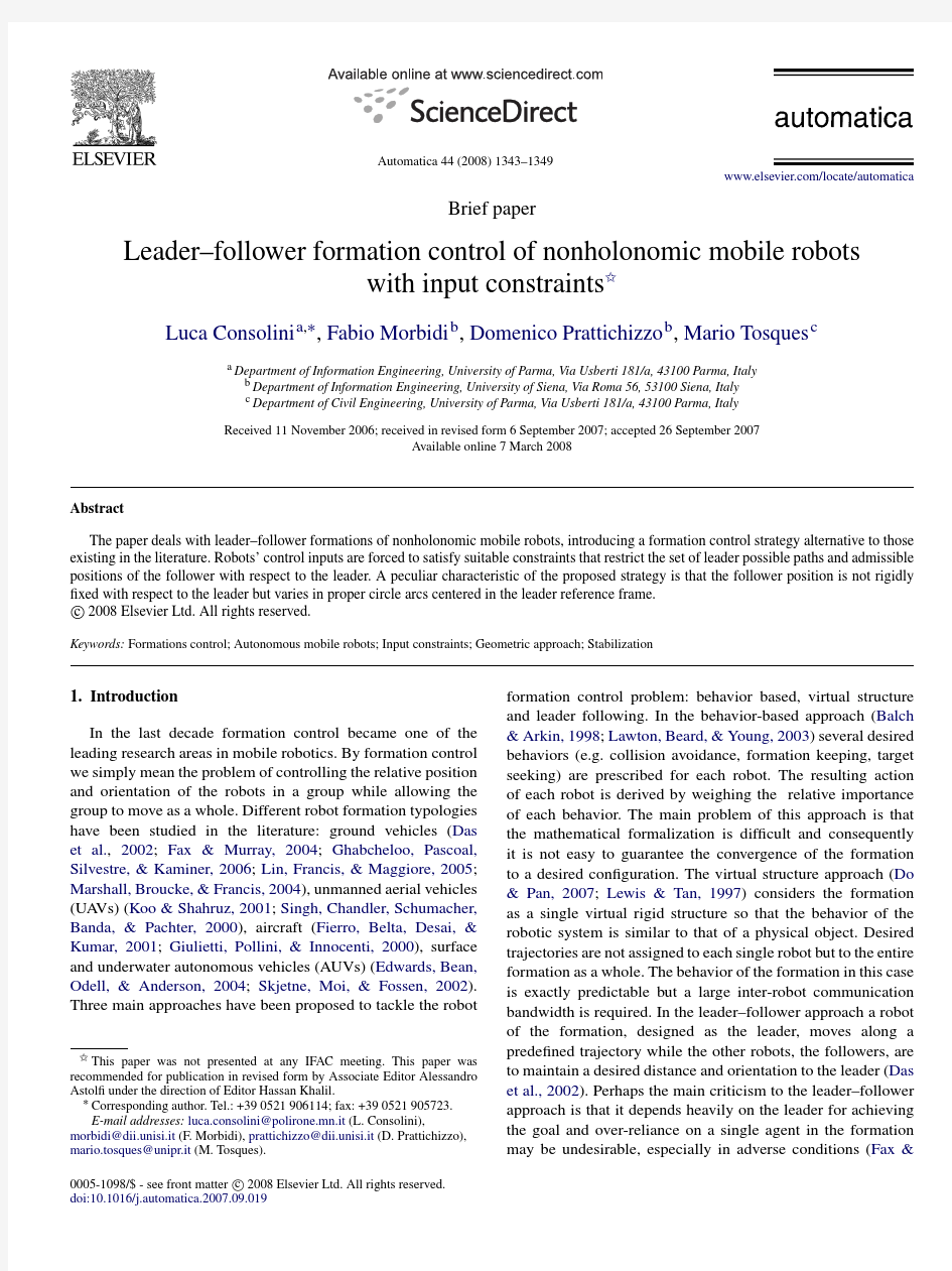 Leader–follower formation control of nonholonomic mobile robots with input constraints