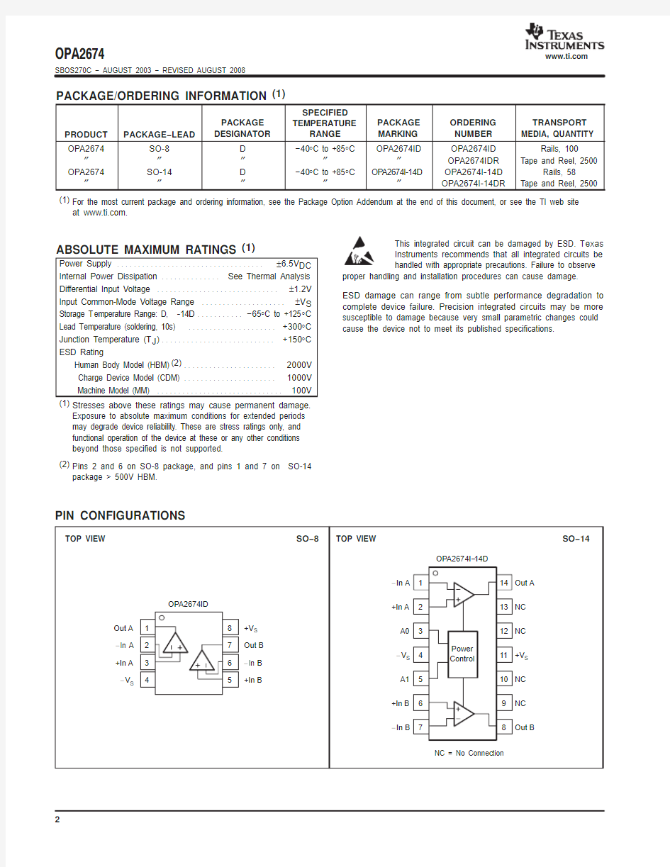 IC datasheet pdf-OPA2674,pdf(Dual Wideband High Output Current Operational Amplifier)