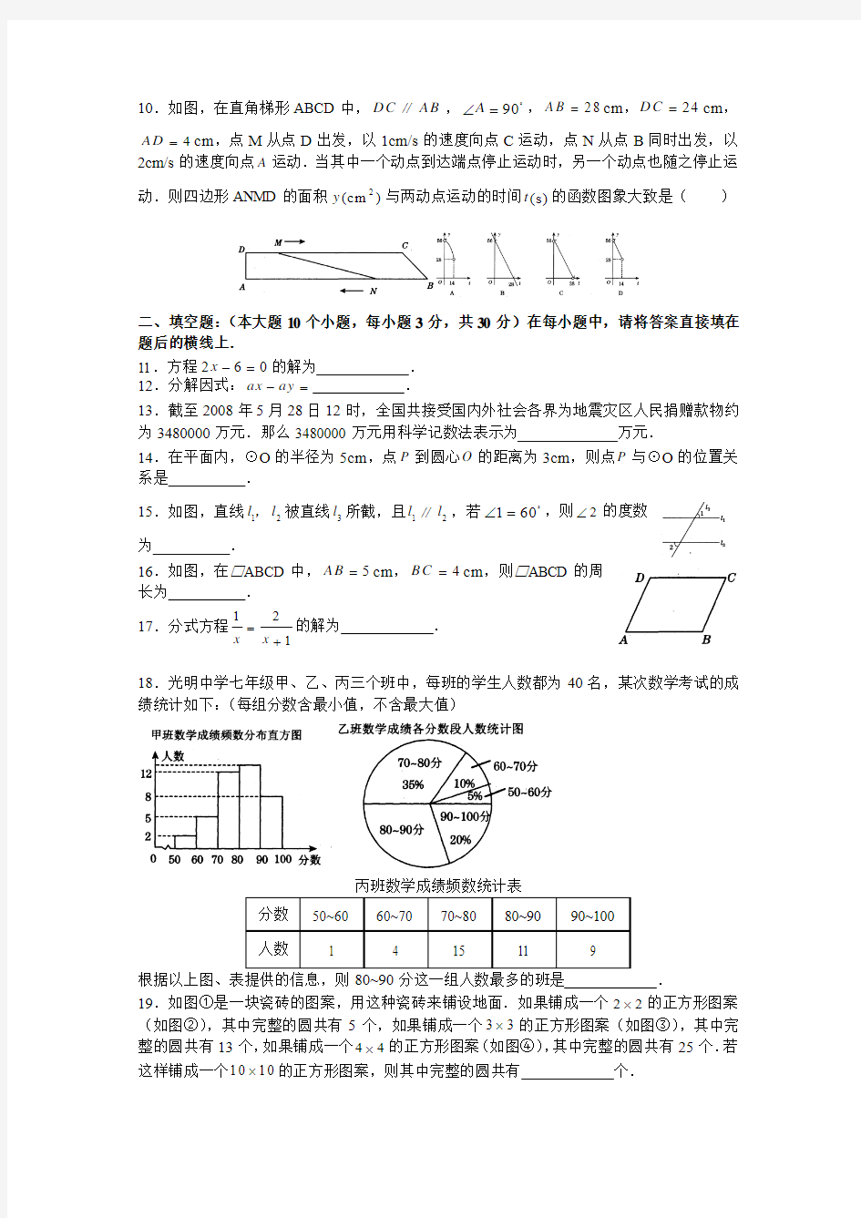 2008年重庆市中考数学试题及答案