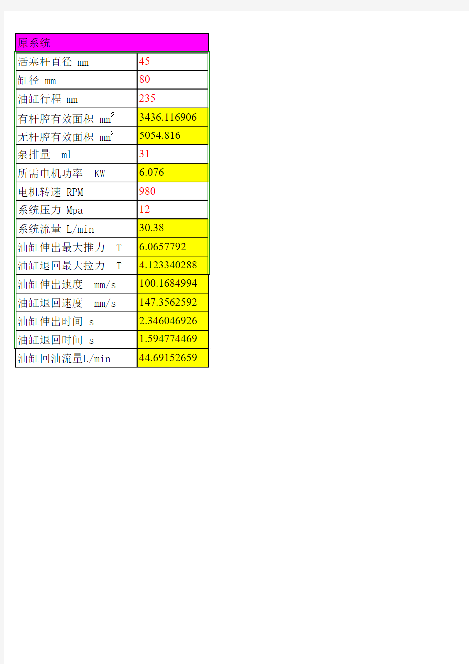 油缸推力参数计算