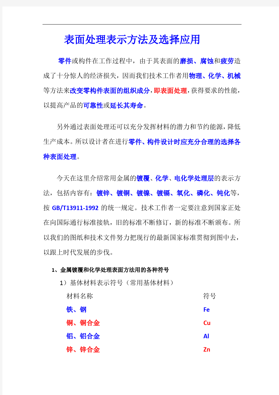 表面处理表示方法及选择应用