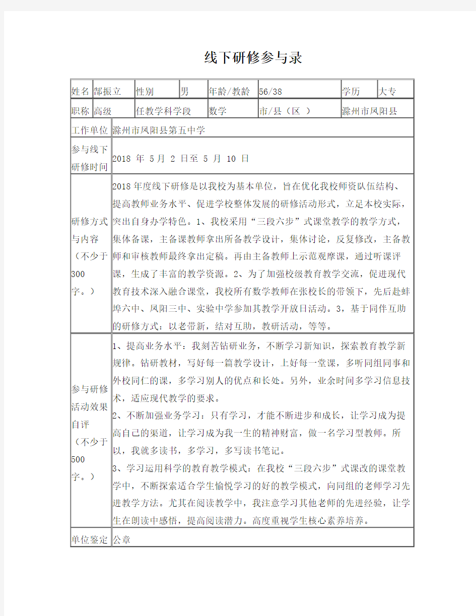 2018年继续教育线下研修记录表