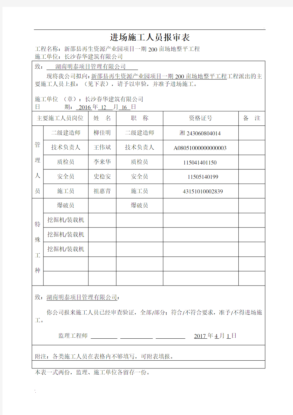 进场施工人员报审表