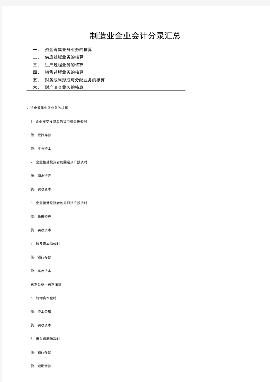 (完整版)制造业企业会计分录汇总