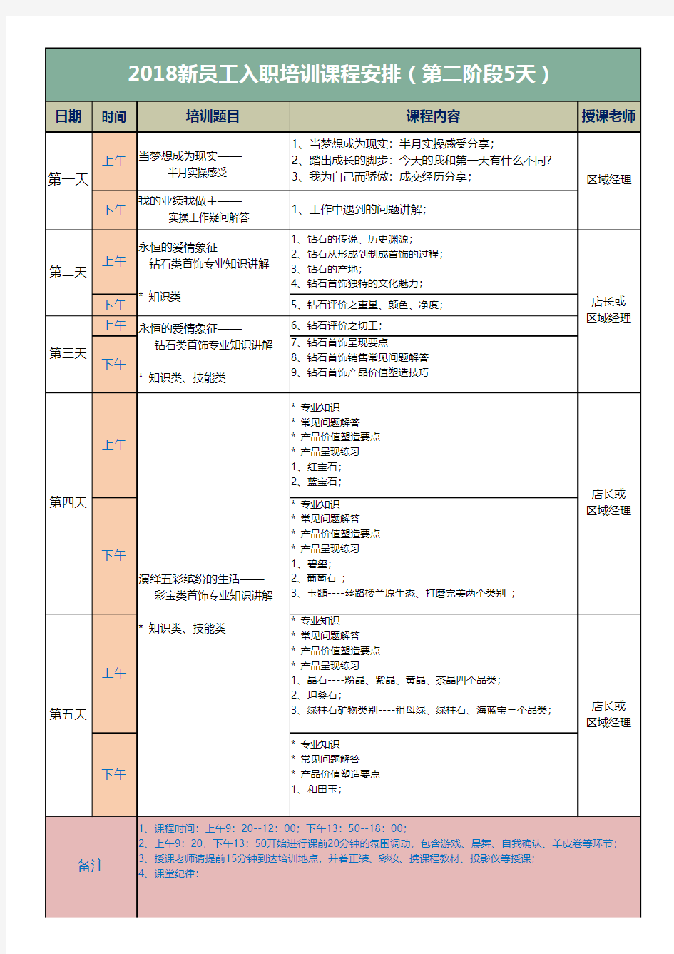 新员工入职培训课程表excel模板