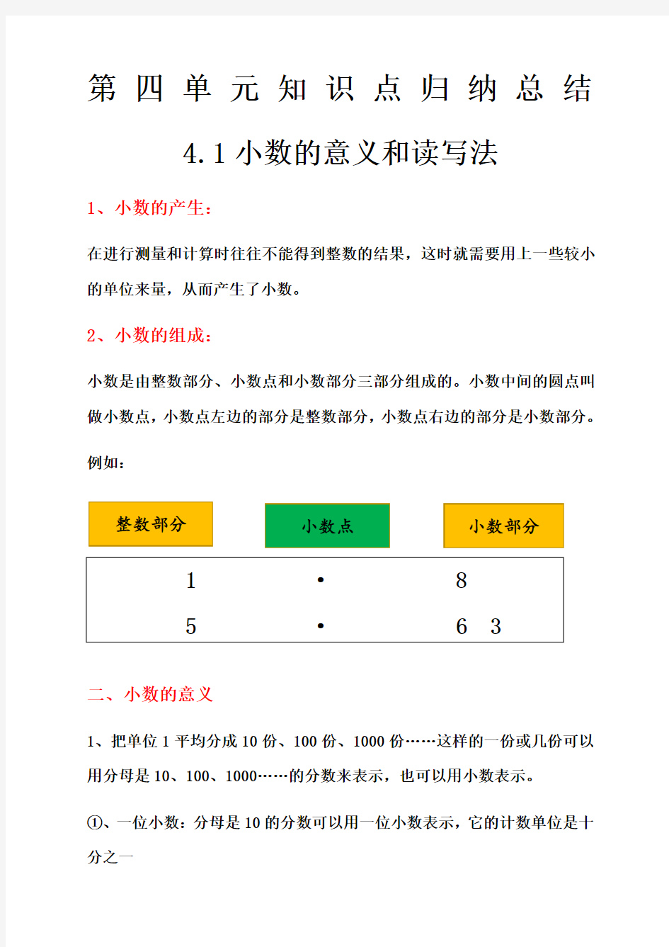 人教版四年级数学下册知识点归纳总结