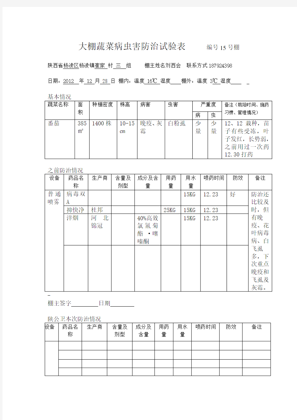 大棚蔬菜病虫害防治试验表