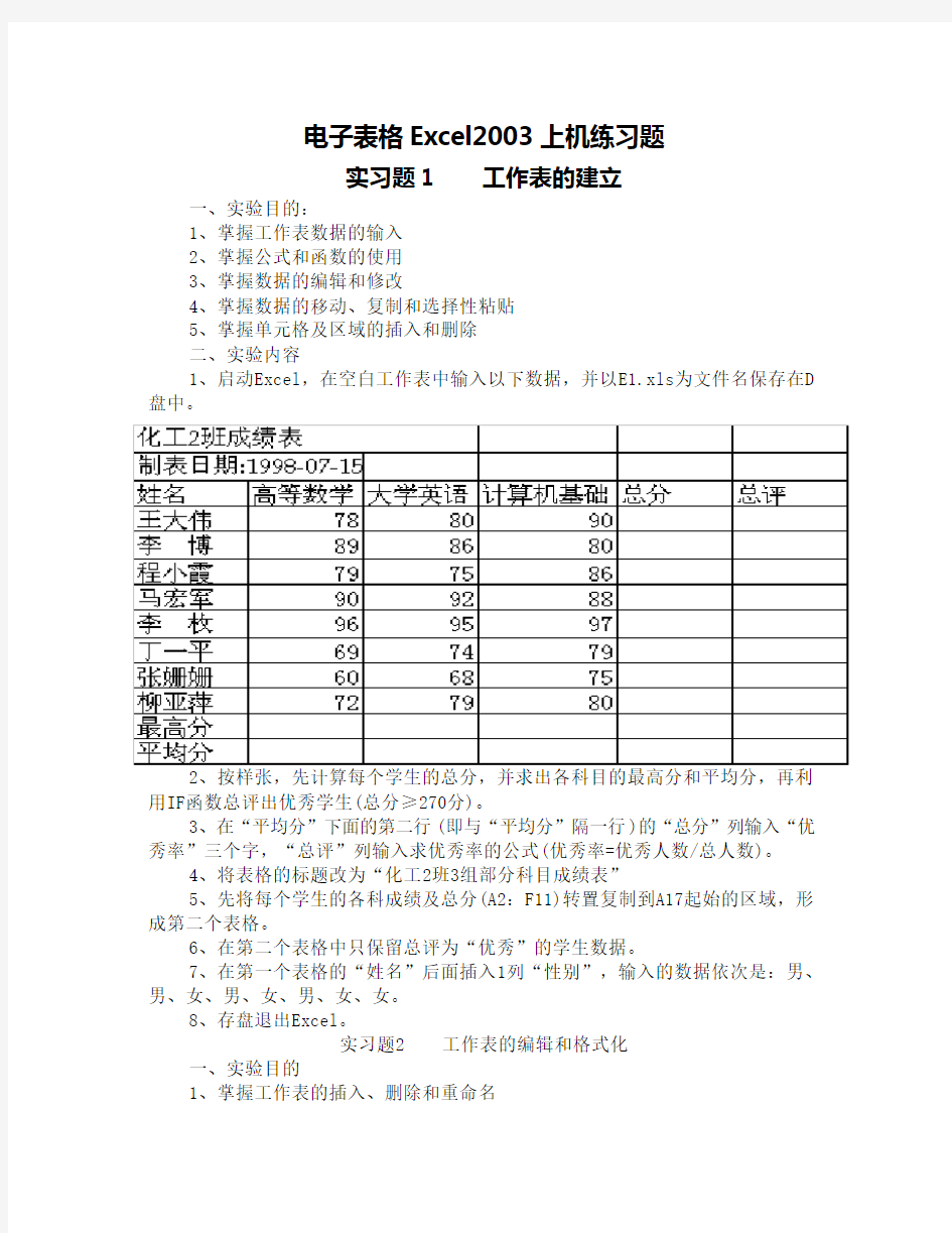 电子表格Excel2003实验报告