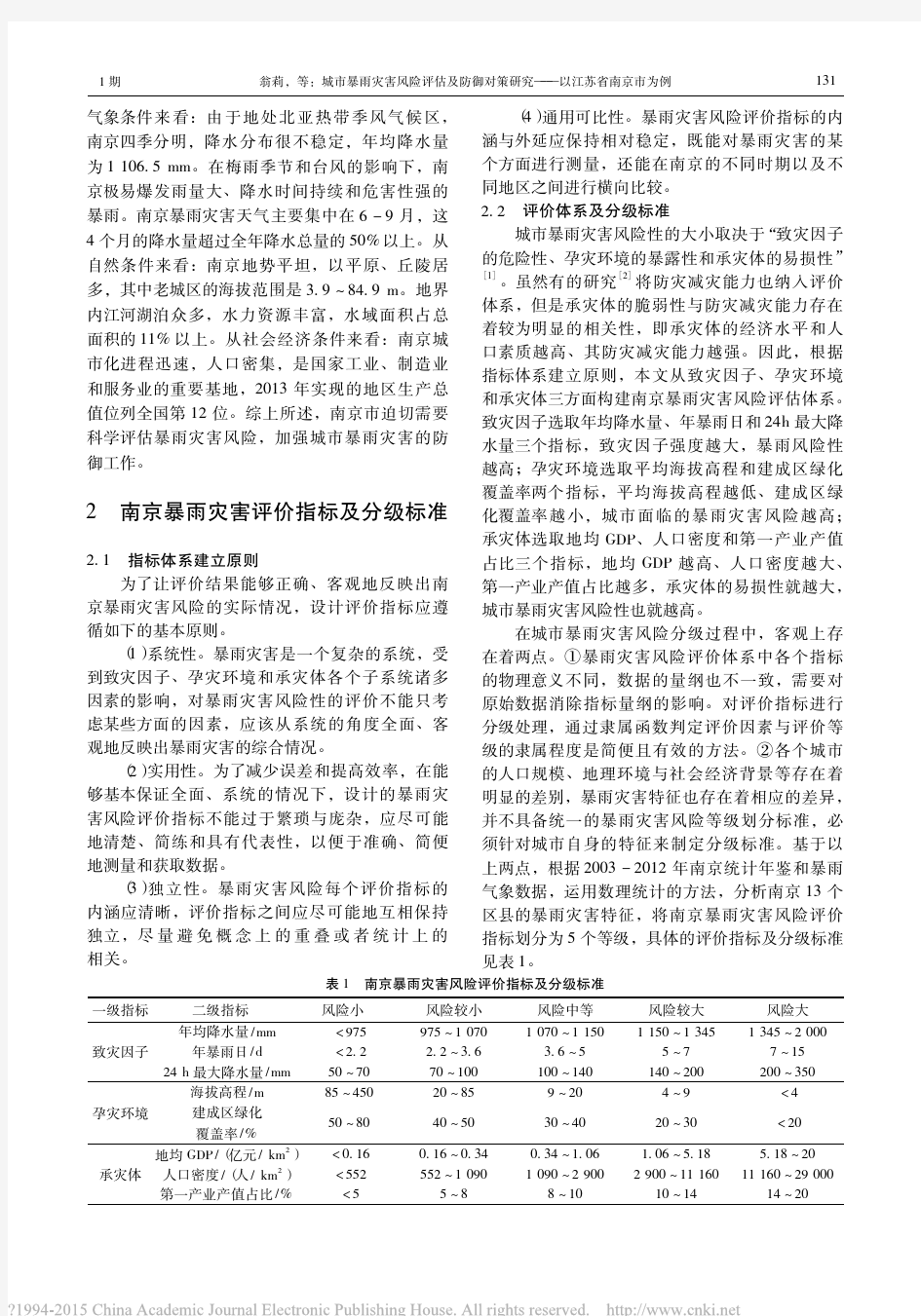 城市暴雨灾害风险评估及防御对策研究_以江苏省南京市为例_翁莉