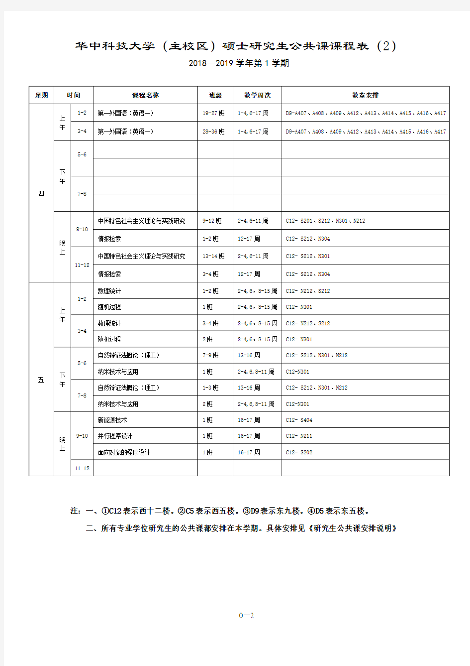 华中科技大学主校区硕士研究生公共课课程表