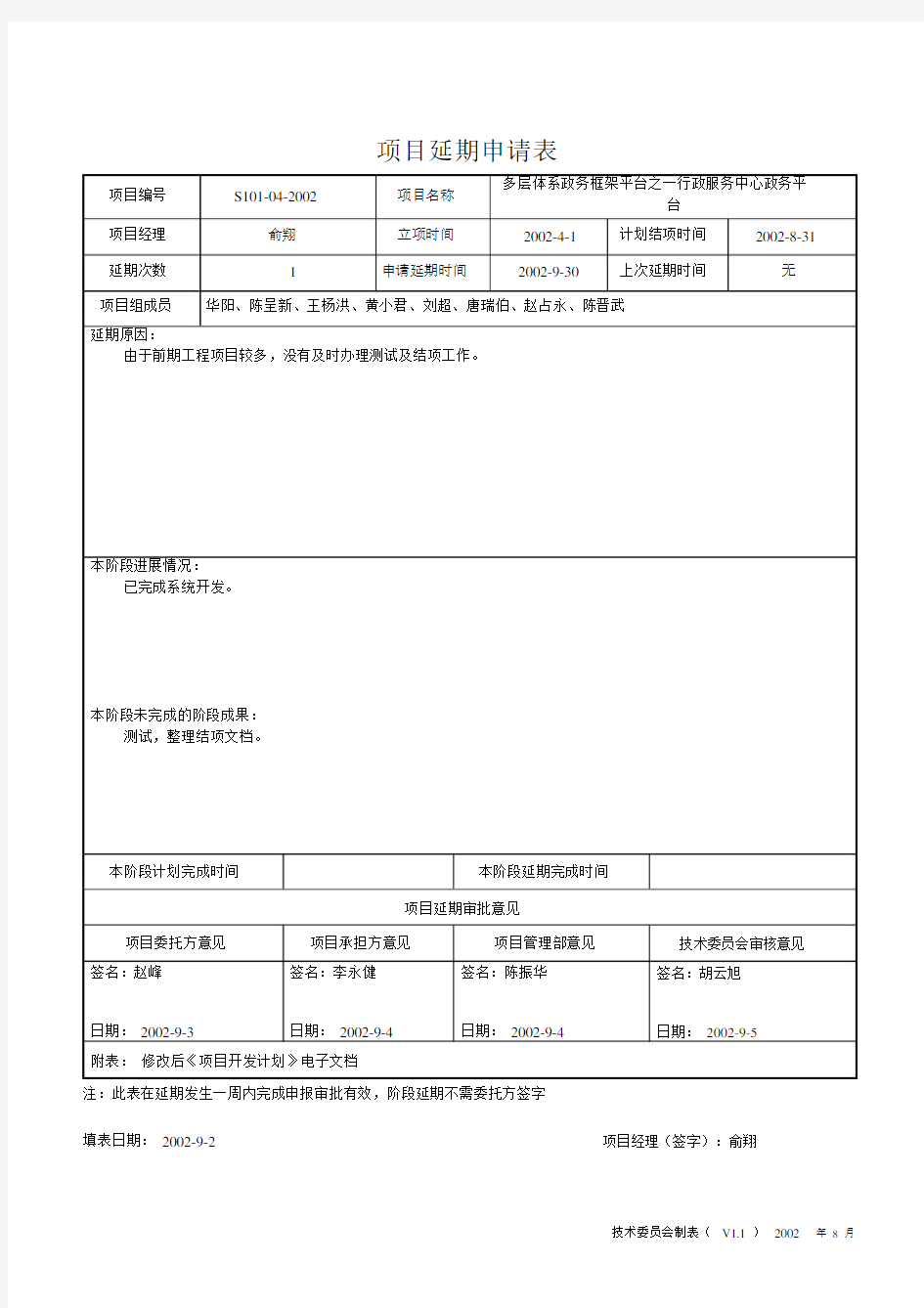 项目延期申请表(样本)