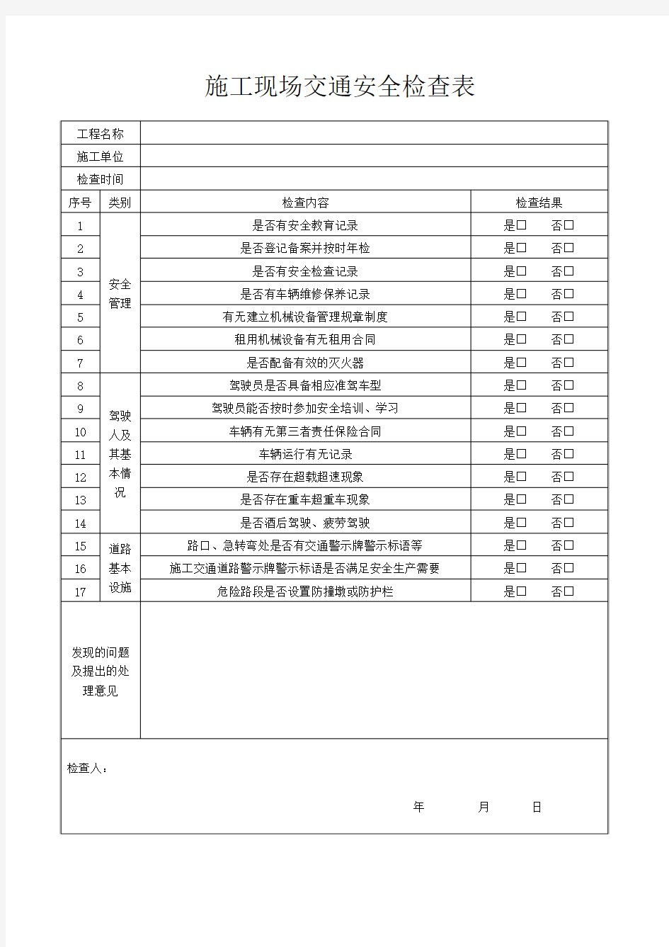 施工现场交通安全检查表