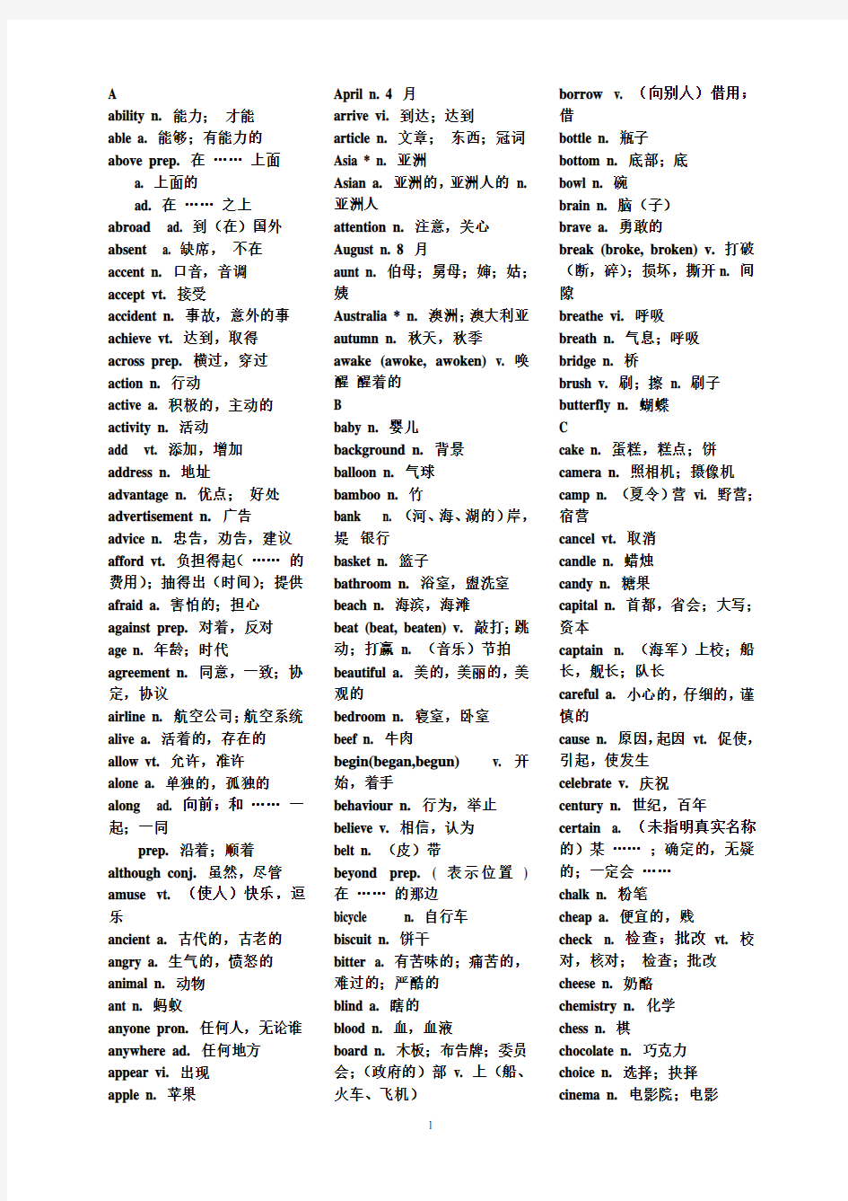 初中英语1600个词组、单词(带中文)